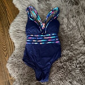 La Blanca Navy One Piece Swimsuit with Colorful Straps
